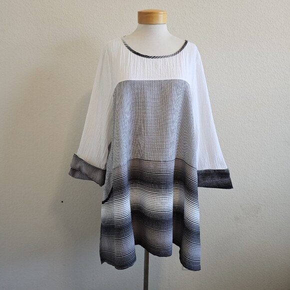 Moon Light Textured Check Striped Oversized Lagenlook Flowy Artsy Tunic Top XXL - Picture 2 of 7
